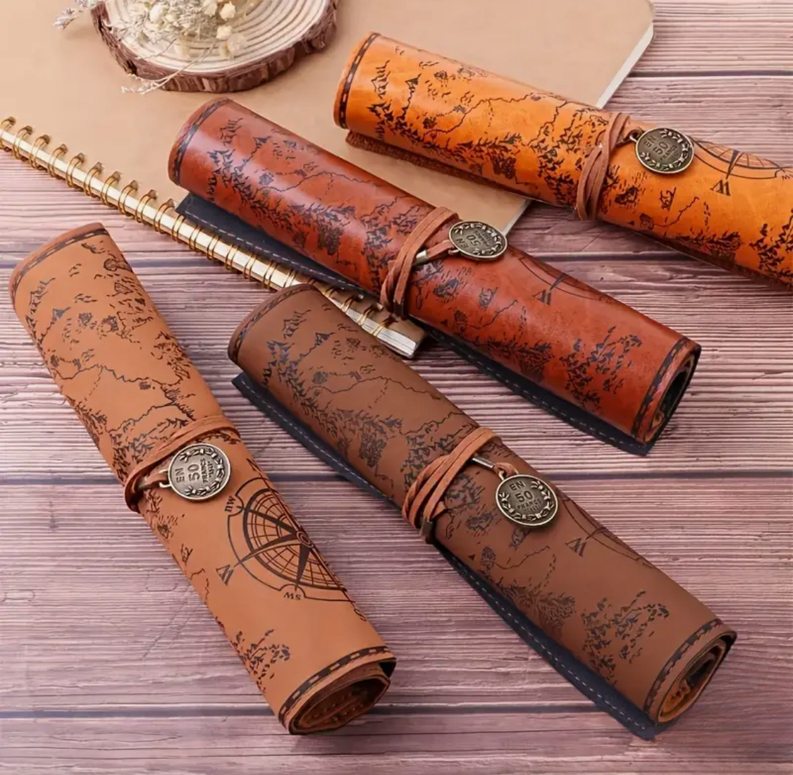 Creative Treasure Map Retro Pencil Case Leather Large Capacity Roll Pencil Bag Embossed Buckle Simple Stationery Box Roll Portable Pencil Drawing Bag Pen Holder