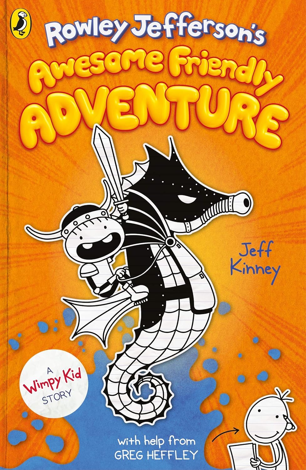 Book cover of 'Rowley Jefferson's Awesome Friendly Adventure' with a cartoon character and dragon on an orange background.