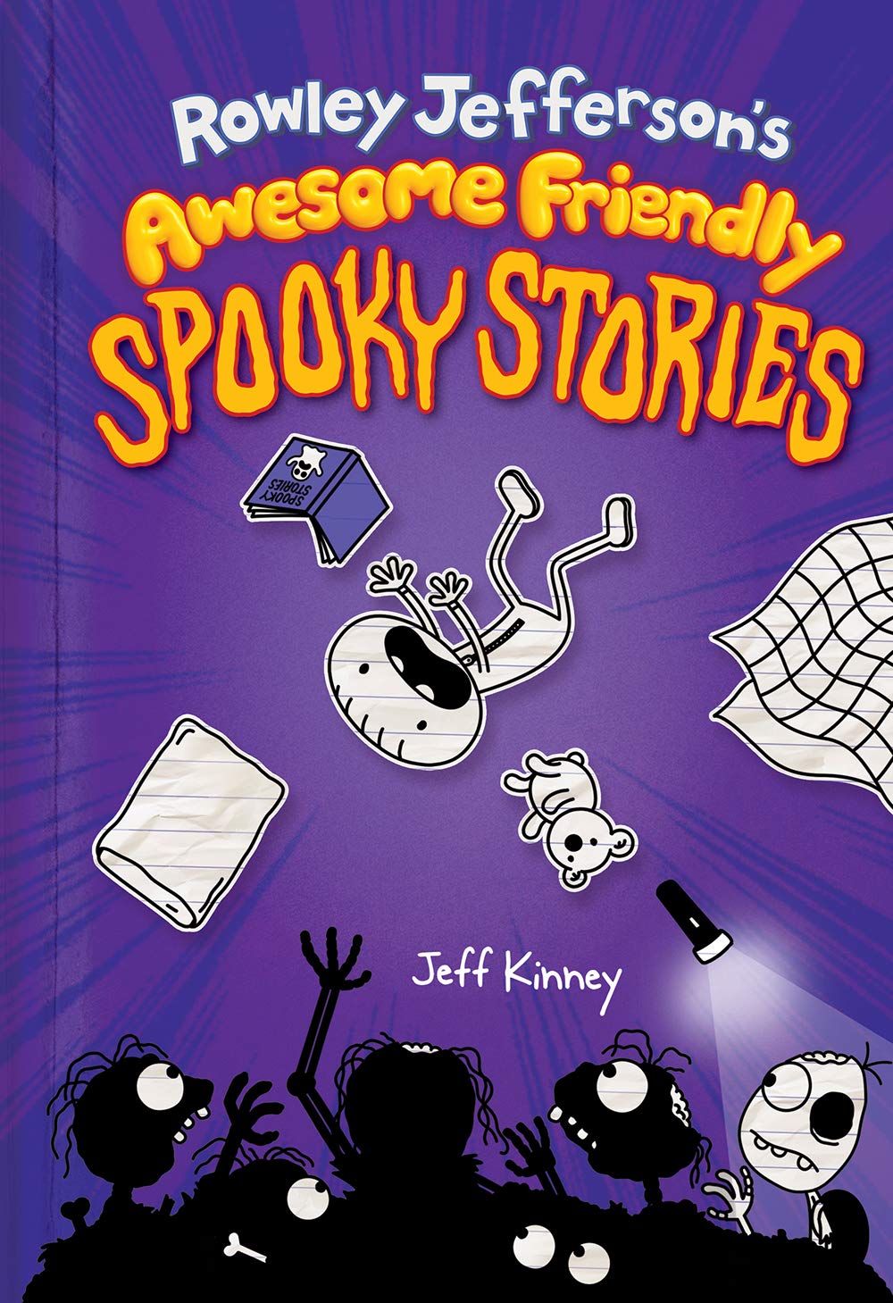 Book cover of 'Rowley Jefferson's Awesome Friendly Spooky Stories' with cartoon characters and spooky elements on a purple background.
