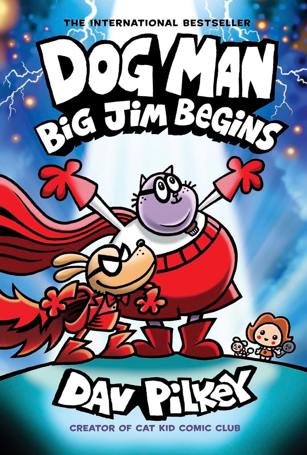 Book cover of 'Dog Man: Big Jim Begins' by Dav Pilkey with a superhero character and blue background.