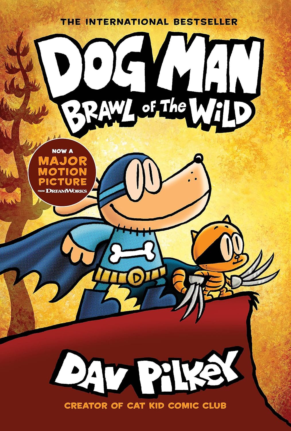 Book cover of 'Dog Man: Brawl of the Wild' featuring a cartoon dog in a superhero costume with a cat.