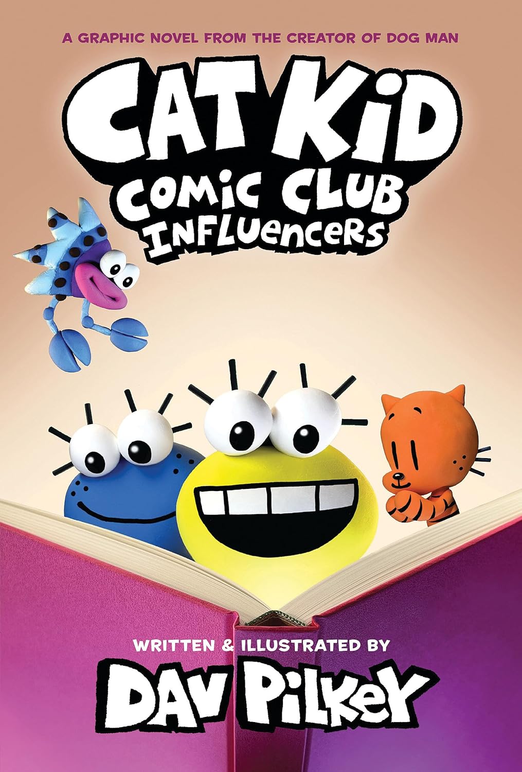 Book cover of 'Cat Kid Comic Club Influencers' with cartoon characters and Dav Pilkey's name.