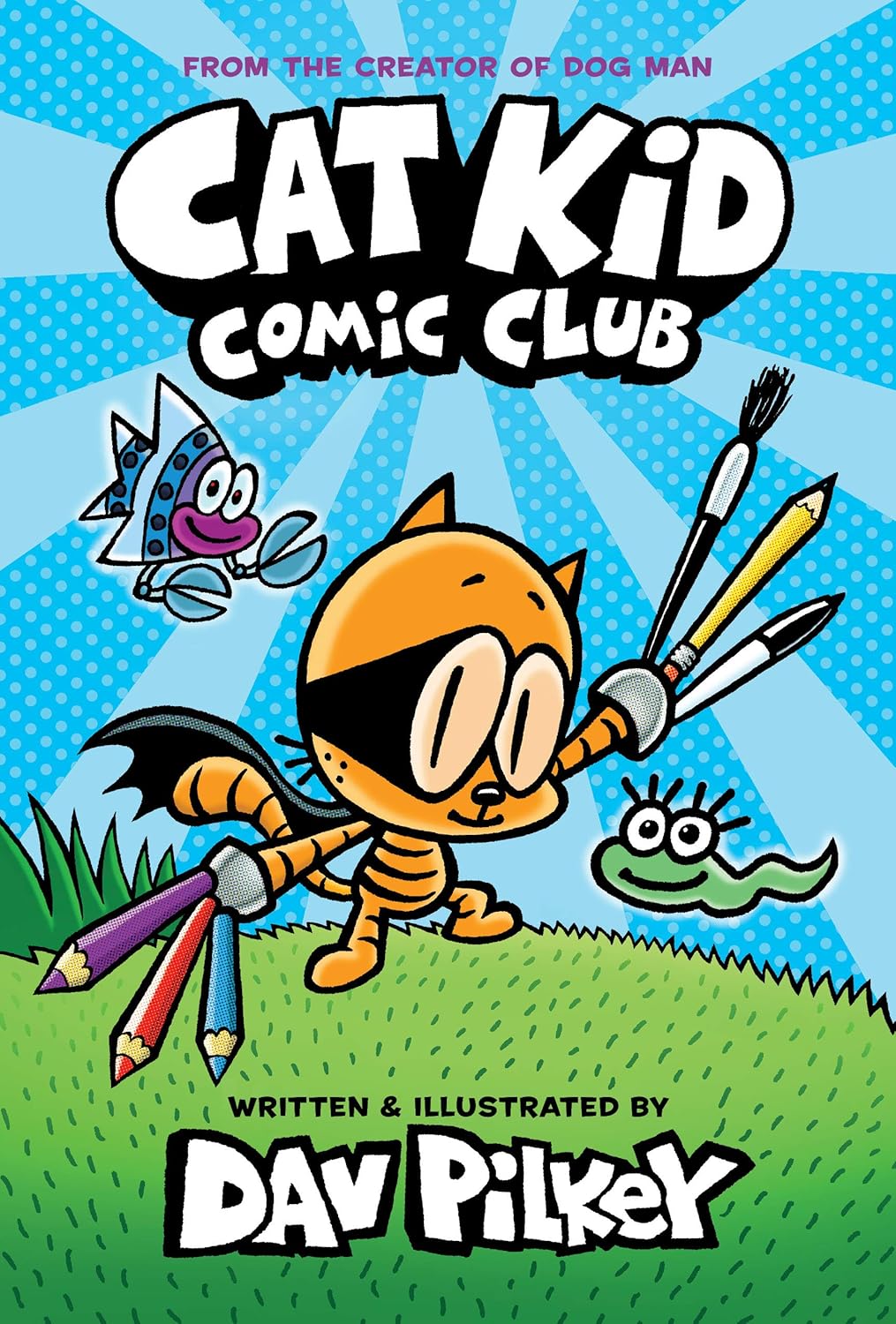 Book cover of 'Cat Kid Comic Club' with a cartoon character holding pens and a butterfly on a blue and green background.