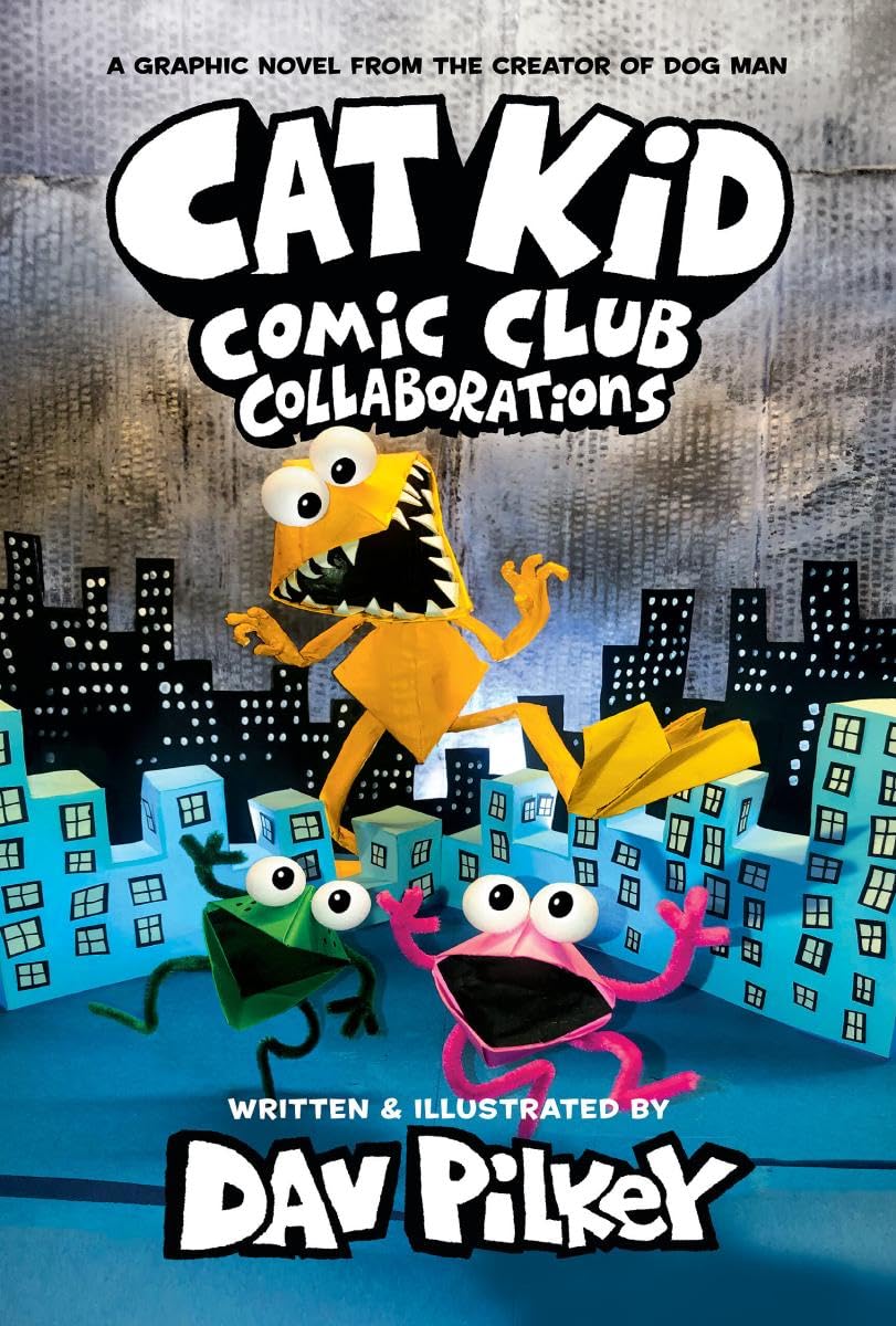 Cover of 'Cat Kid Comic Club Collaborations' with cartoon characters and cityscape background.