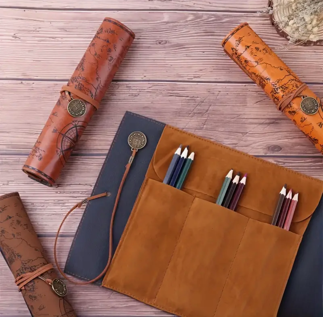 Creative Treasure Map Retro Pencil Case Leather Large Capacity Roll Pencil Bag Embossed Buckle Simple Stationery Box Roll Portable Pencil Drawing Bag Pen Holder