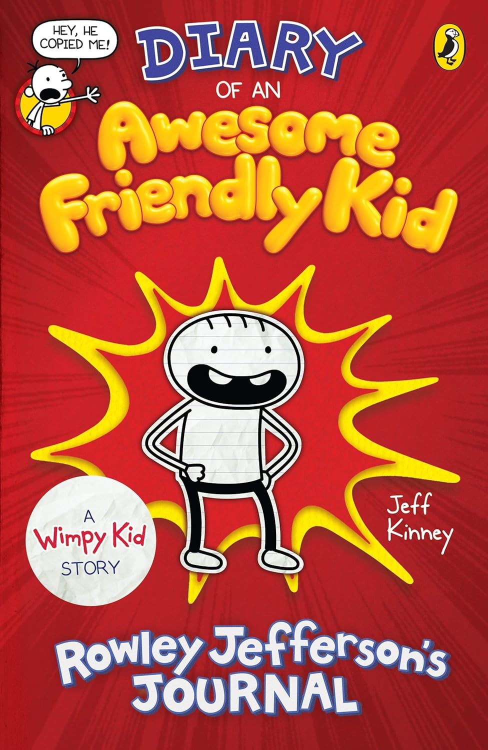 Book cover of 'Diary of an Awesome Friendly Kid' by Jeff Kinney with a red background and cartoon character.