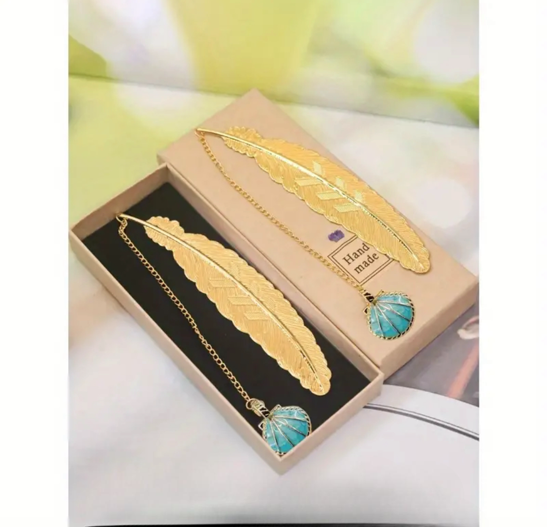 Brass Feather & Leaf Vein Bookmarks with Blue Shell Decoration