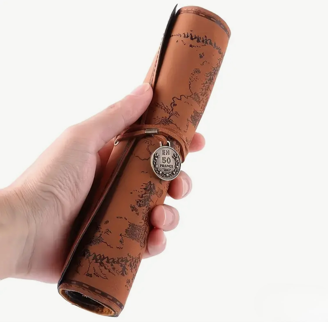 Creative Treasure Map Retro Pencil Case Leather Large Capacity Roll Pencil Bag Embossed Buckle Simple Stationery Box Roll Portable Pencil Drawing Bag Pen Holder