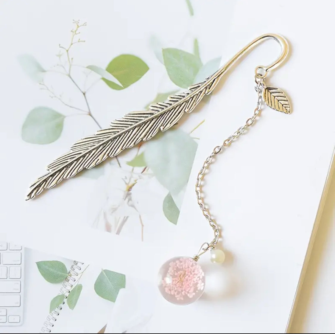 Leaf Shape Bookmark With Pink Decorative Bead Pandent