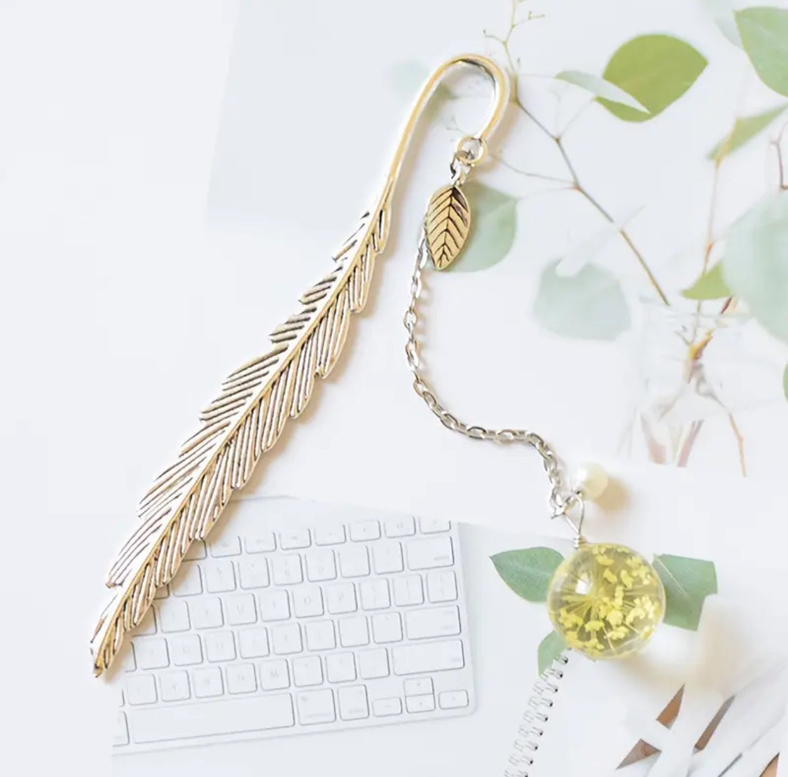 Leaf Shape Bookmark With Pink Decorative Bead Pandent