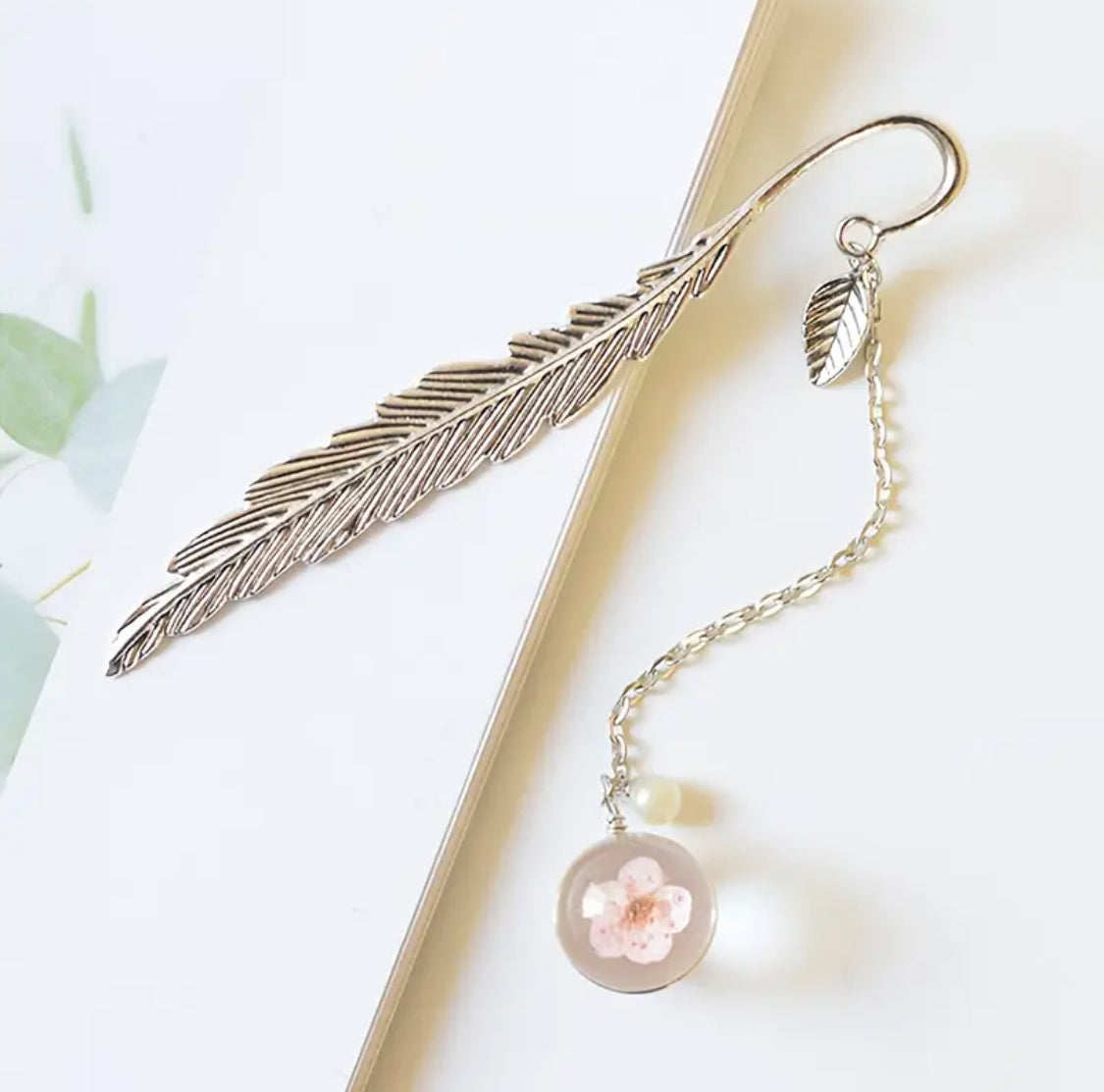 Leaf Shape Bookmark With Pink Decorative Bead Pandent