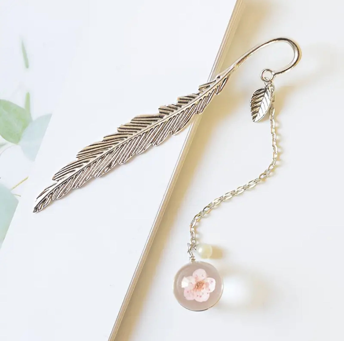 Leaf Shape Bookmark With Pink Decorative Bead Pandent