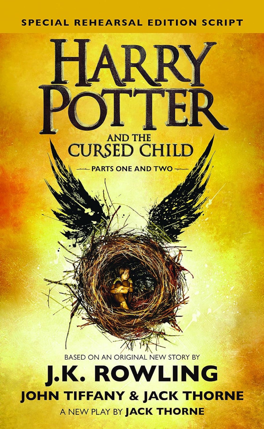 Cover of the script for 'Harry Potter and the Cursed Child' featuring the title and author's names, with an illustration of a young Albus Potter in the foreground.