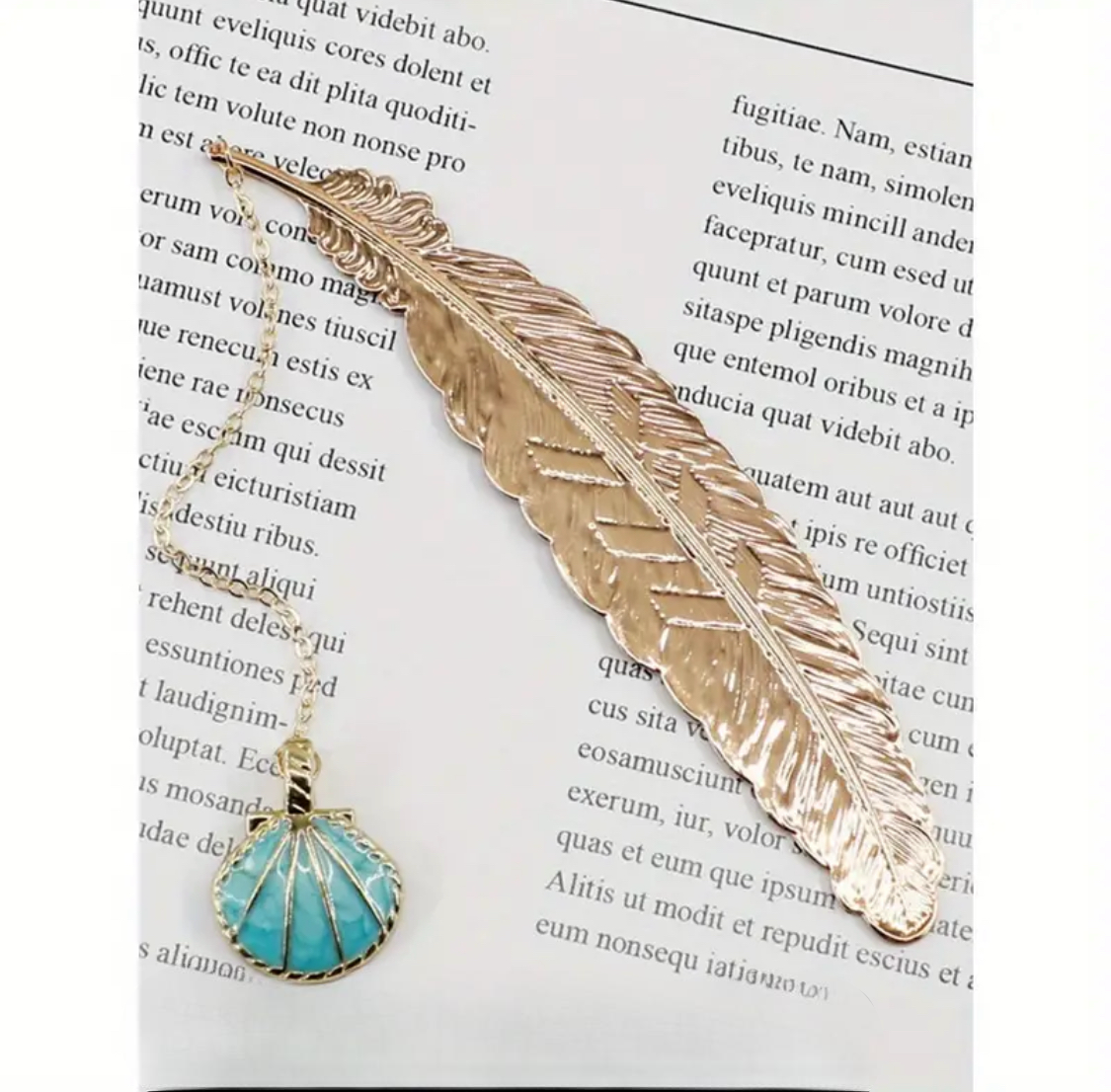 Brass Feather & Leaf Vein Bookmarks with Blue Shell Decoration