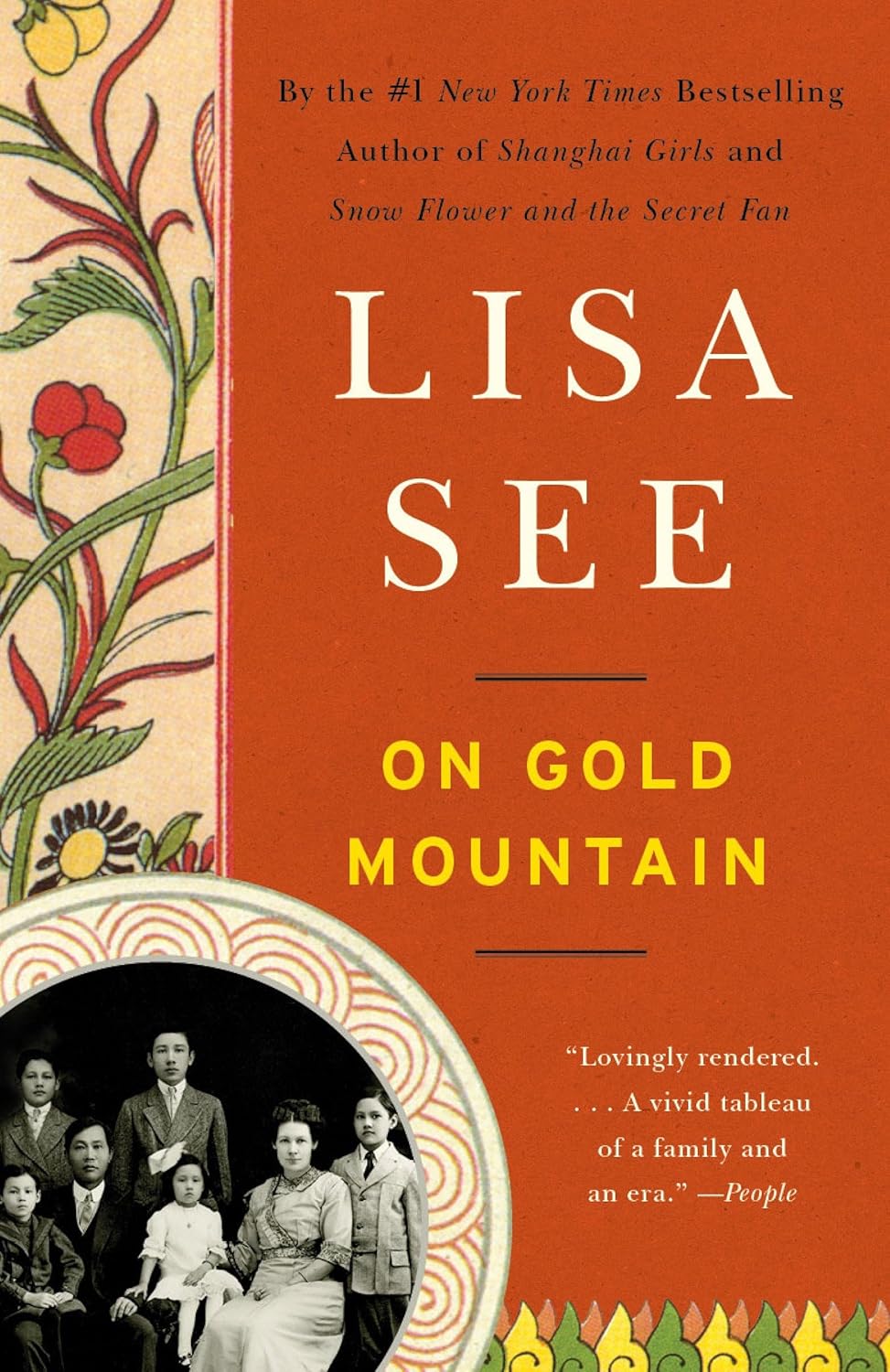 Book cover of 'On Gold Mountain' by Lisa See with decorative elements and a family photo.