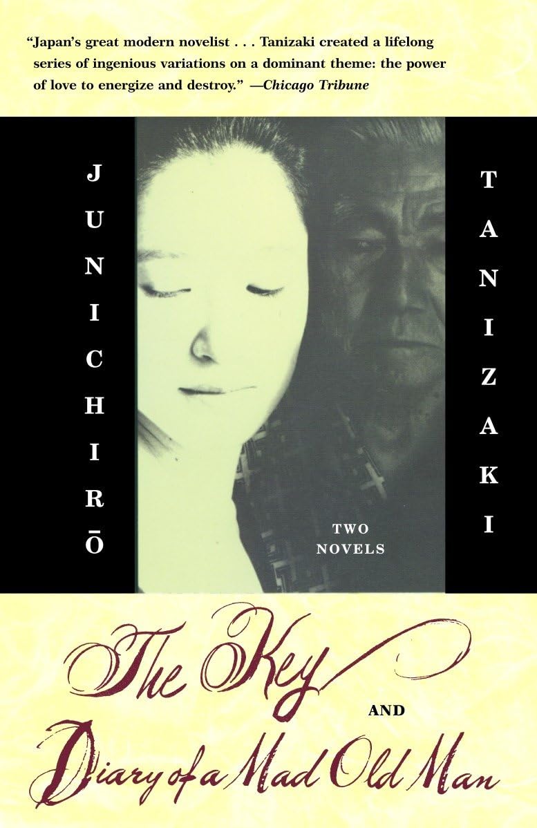 Book cover of 'The Key' and 'Diary of a Mad Old Man' by Junichiro Tanizaki with a portrait of a woman on a yellow background.