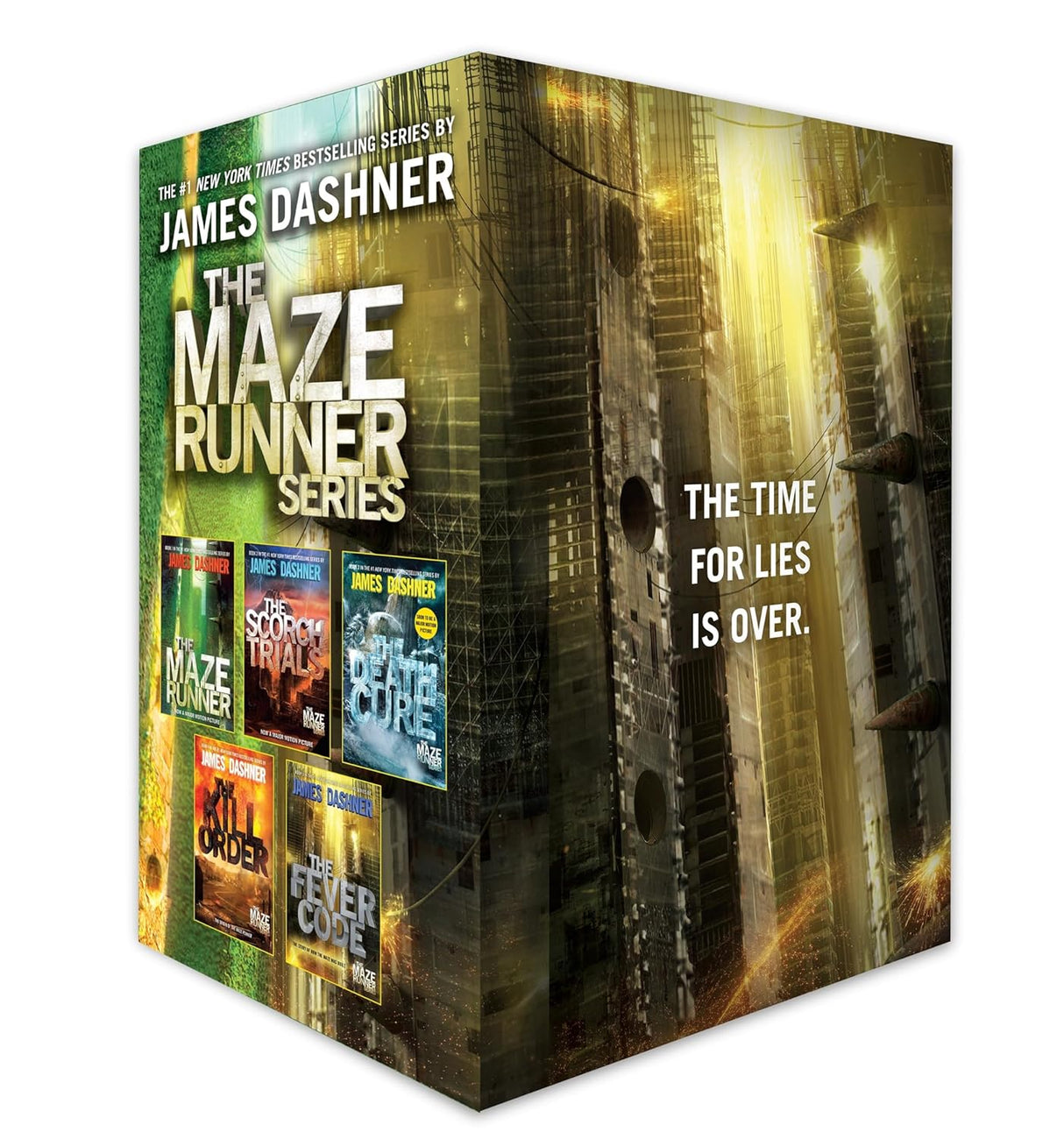 Box set of 'The Maze Runner' series by James Dashner with dystopian cityscape design.