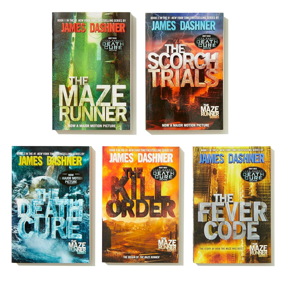 Five books from the Maze Runner series by James Dashner on a white background