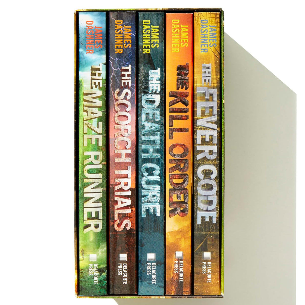 Set of books from the 'The Maze Runner' series arranged vertically on a white background.