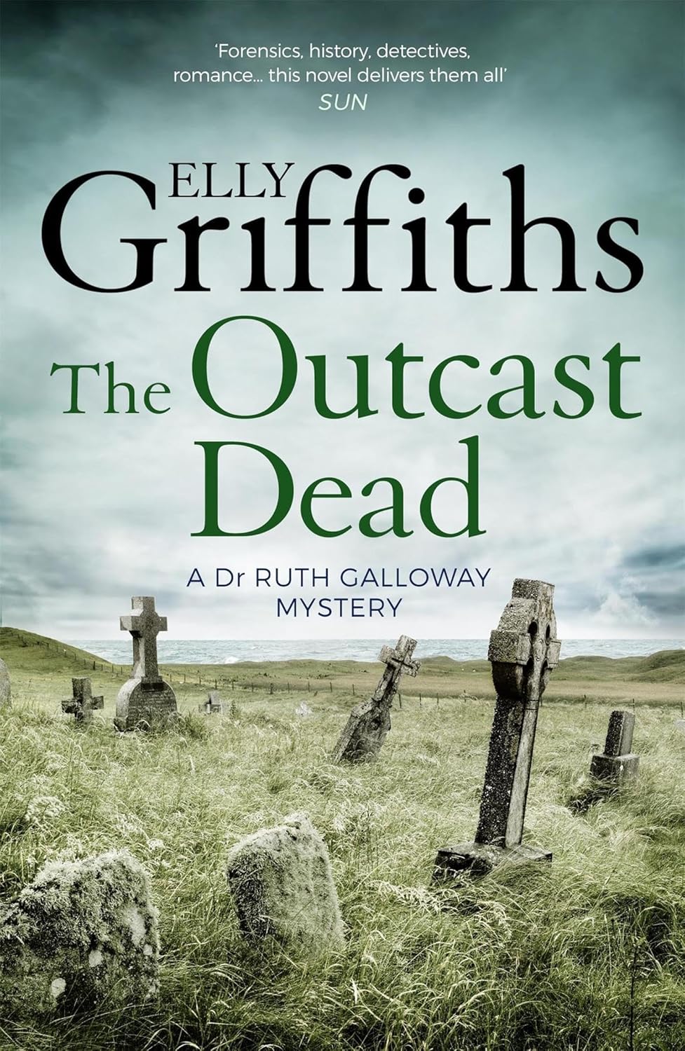 Book cover of 'The Outcast Dead' by Elly Griffiths with a cemetery scene.