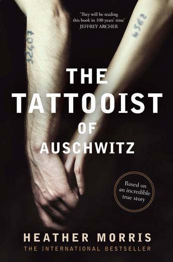Book cover of 'The Tattooist of Auschwitz' with hands holding tattoos on a dark background.