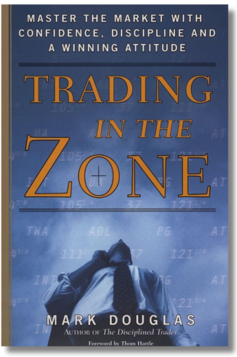 This image displays the cover of the book titled "Trading in the Zone" by Mark Douglas. The book's cover features a striking visual of a trader gazing contemplatively at a screen filled with data, symbolizing the mental aspect and data analysis involved in trading.