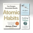 Three books on a gray background: 'Atomic Habits' by James Clear, 'Ikigai' by Michael Lewis, and 'The Psychology of Money' by Morgan Housel.