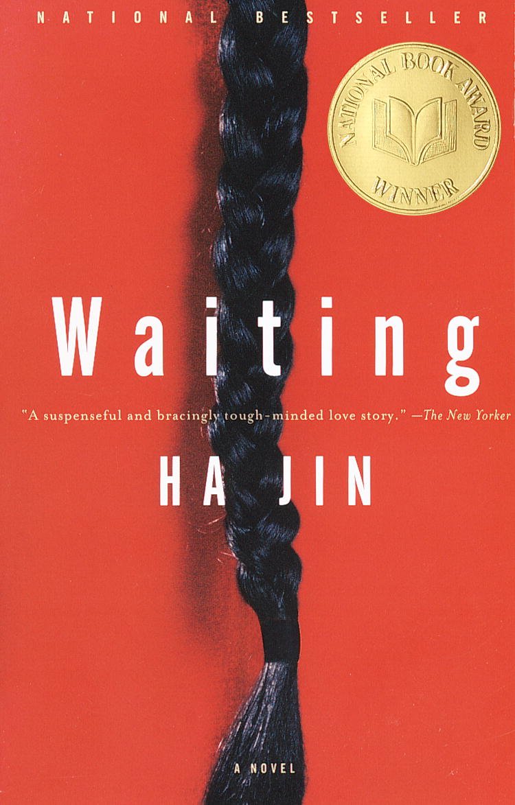 Book cover of 'Waiting' by Ha Jin with a braided hair design on a red background.