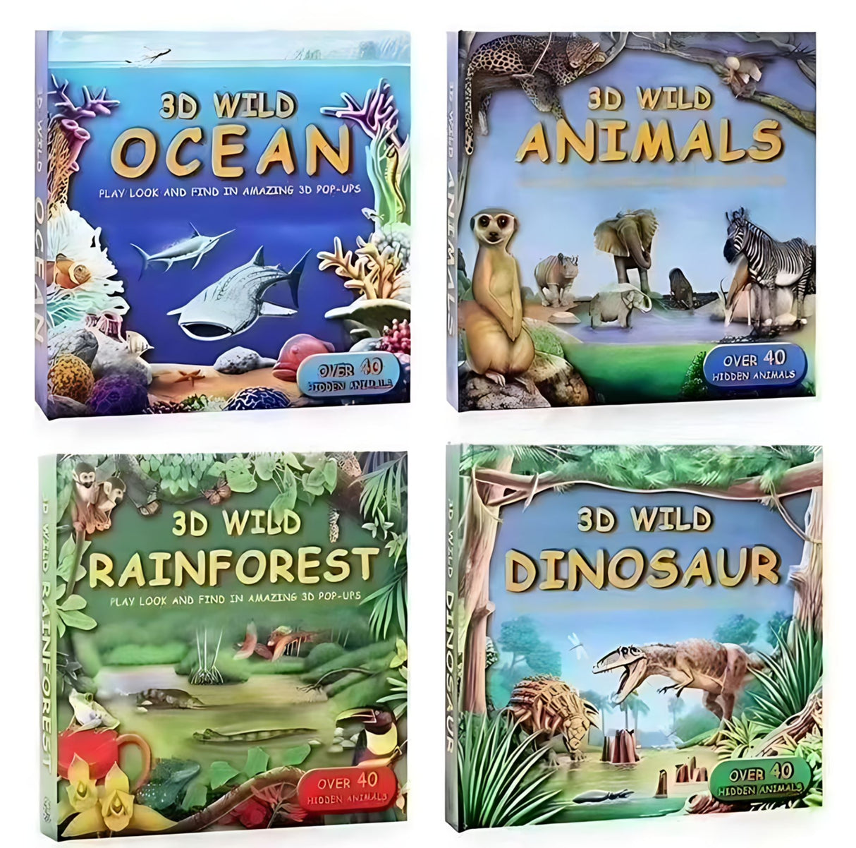 3D WILD three-dimensional book hardcover 4 volumes Ocean World Animal World Dinosaur World
