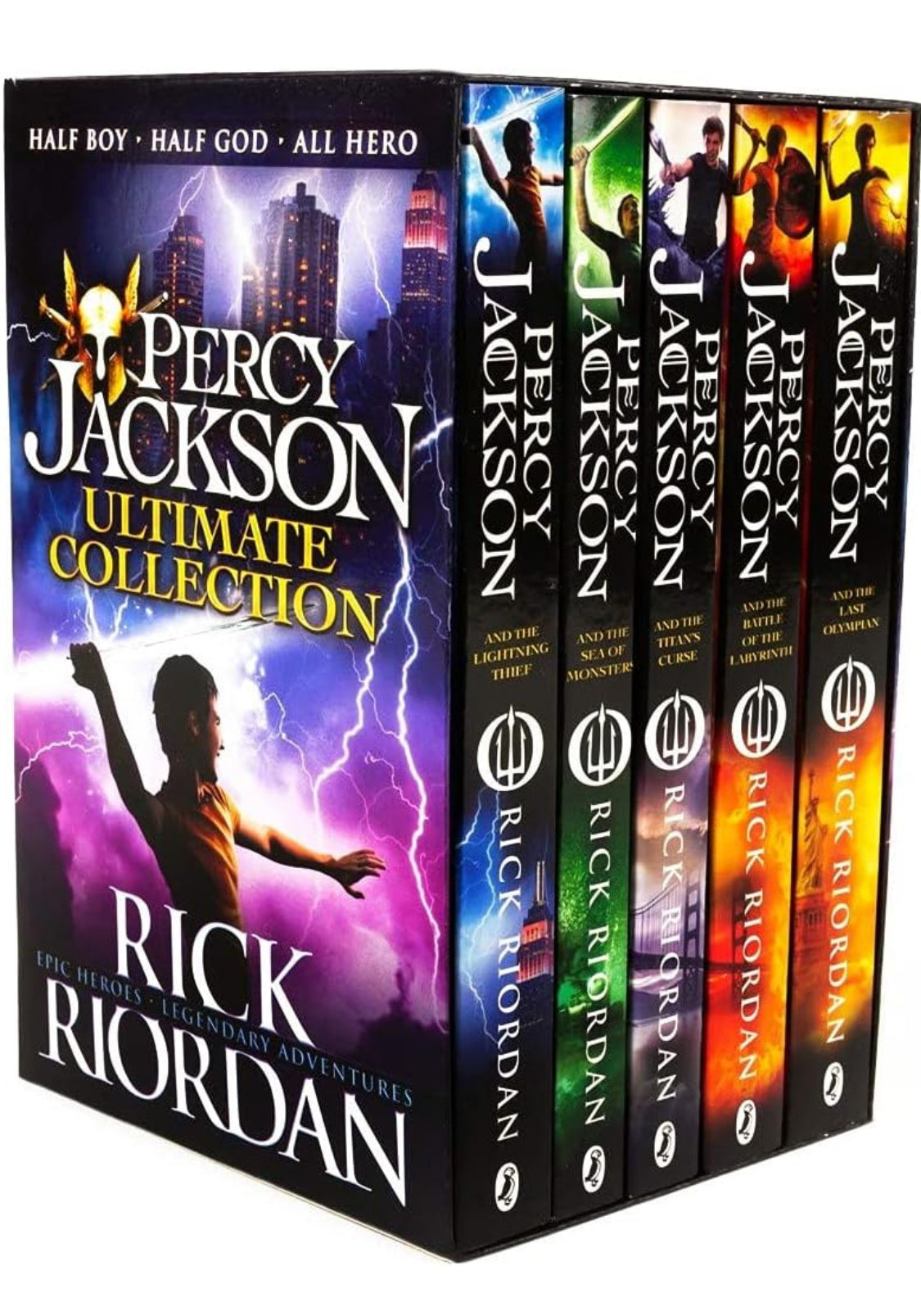 A set of five Percy Jackson books with new cover art, titled 'Percy Jackson Ultimate Collection'. The books are arranged vertically with the author's name, Rick Riordan, visible on the spines.