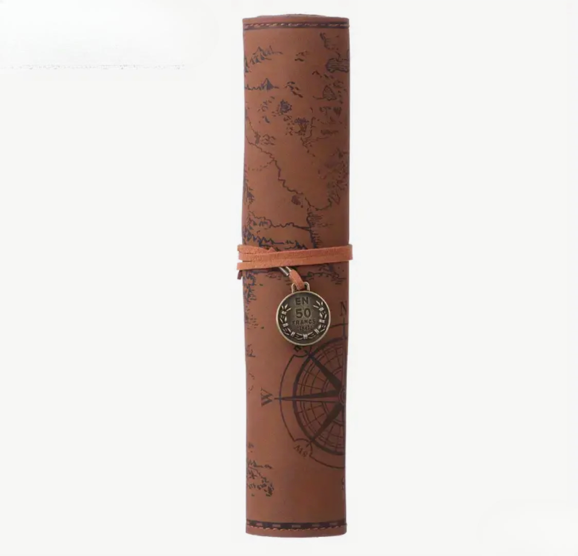 Creative Treasure Map Retro Pencil Case Leather Large Capacity Roll Pencil Bag Embossed Buckle Simple Stationery Box Roll Portable Pencil Drawing Bag Pen Holder