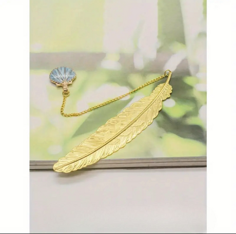 Brass Feather & Leaf Vein Bookmarks with Blue Shell Decoration