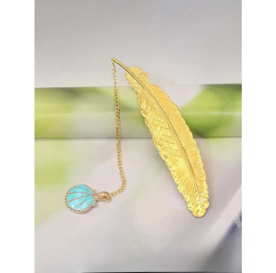 Brass Feather & Leaf Vein Bookmarks with Blue Shell Decoration