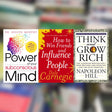 Three book covers: 'Power of Your Subconscious Mind', 'How to Win Friends and Influence People', and 'Think and Grow Rich' on a blurred background.