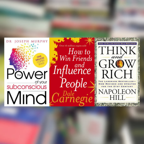 Three book covers: 'Power of Your Subconscious Mind', 'How to Win Friends and Influence People', and 'Think and Grow Rich' on a blurred background.