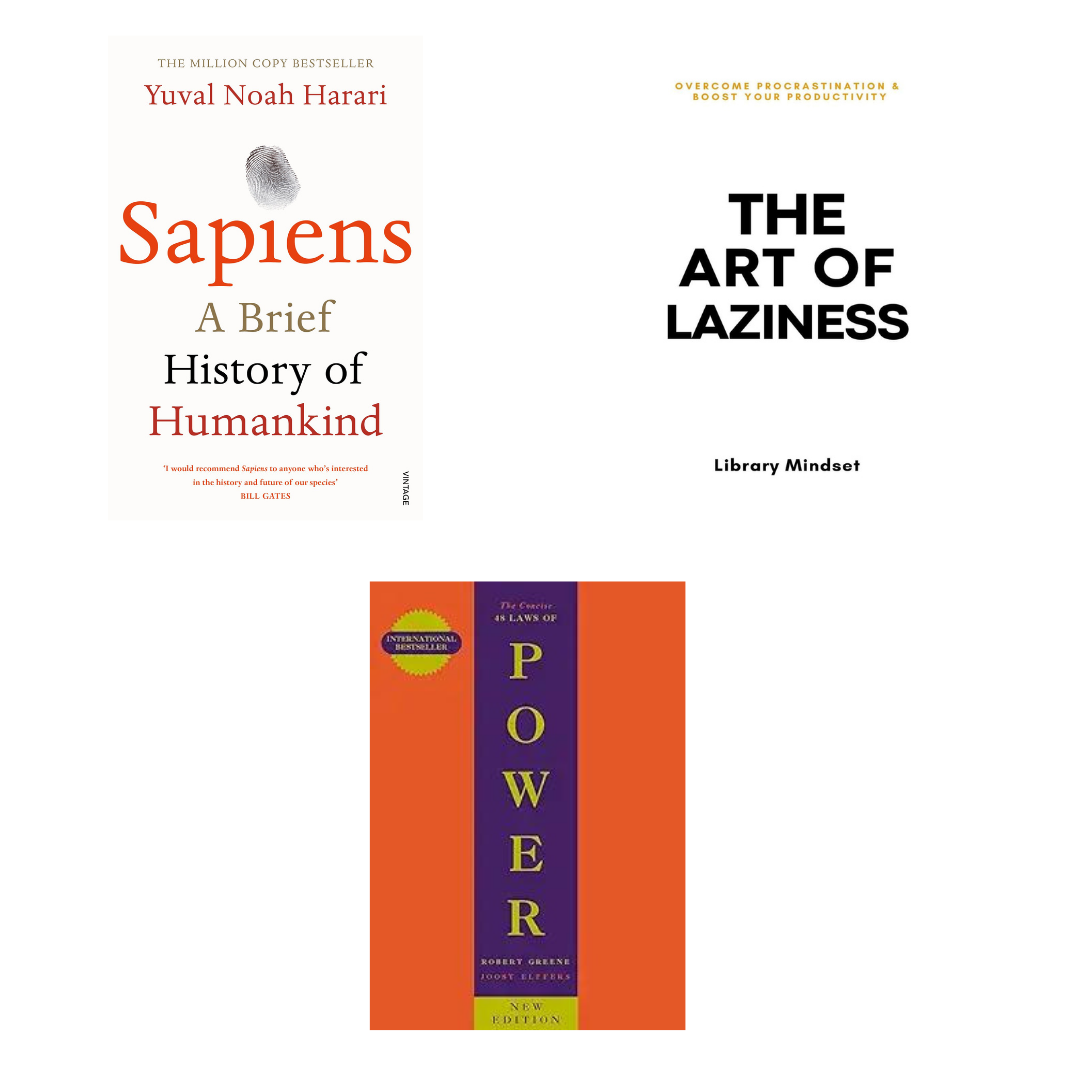 Sapiens A Brief History of Humankind + The Art of Laziness + The Concise 48 Laws of Power (paperback)