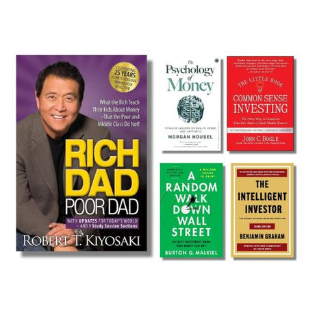 Collection of financial books with prominent titles and authors on a white background