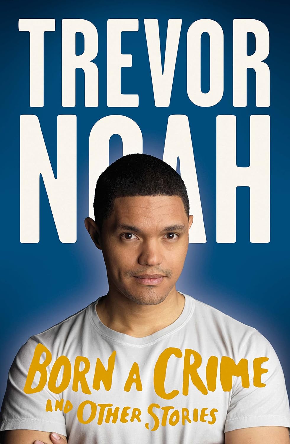 Book cover featuring a person with 'Trevor Noah' and 'Born a Crime' text on a blue background
