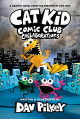 Cover of 'Cat Kid Comic Club Collaborations' with cartoon characters and cityscape background.