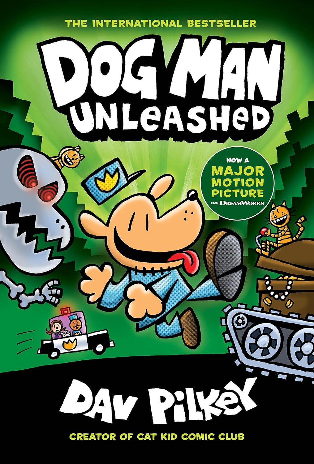 Book cover of 'Dog Man Unleashed' with a cartoon dog character and various elements on a green background.