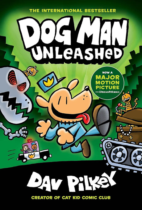 Book cover of 'Dog Man Unleashed' with a cartoon dog character and various elements on a green background.