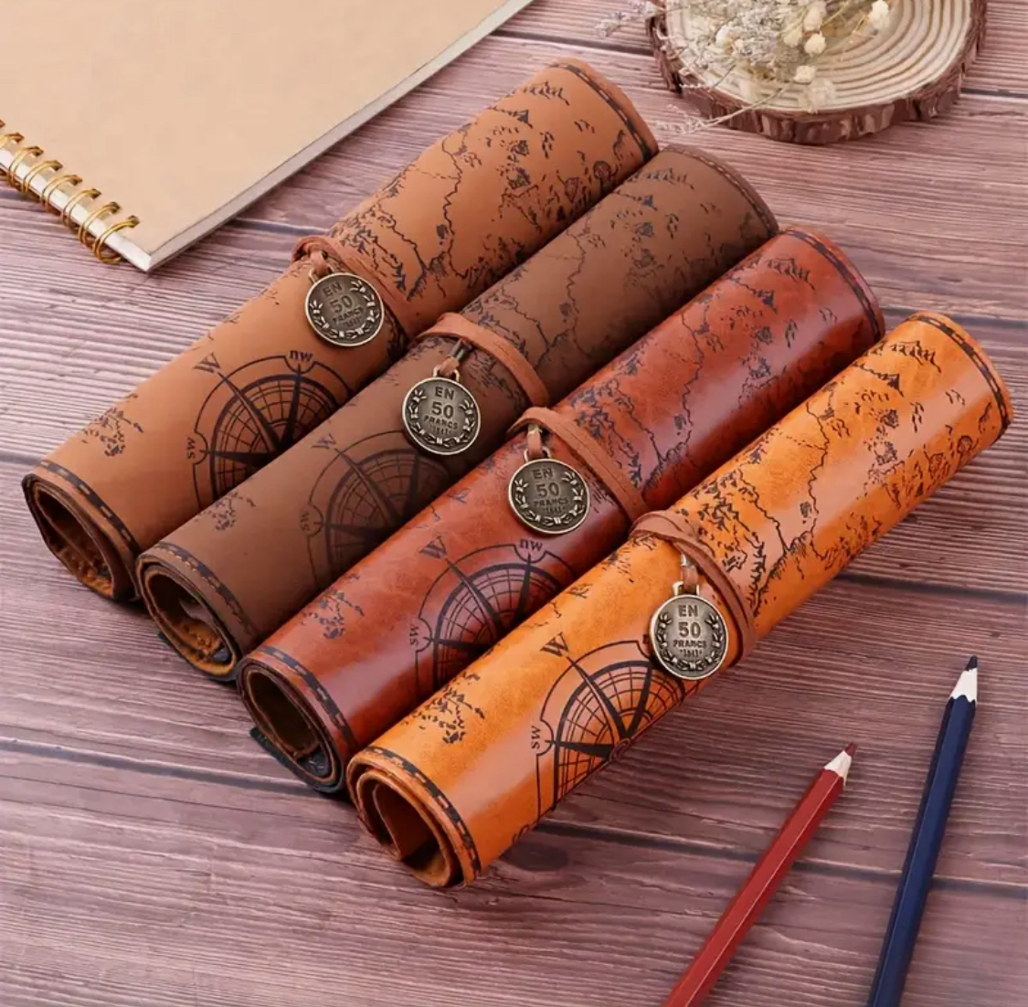 Creative Treasure Map Retro Pencil Case Leather Large Capacity Roll Pencil Bag Embossed Buckle Simple Stationery Box Roll Portable Pencil Drawing Bag Pen Holder