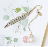 Leaf Shape Bookmark With Pink Decorative Bead Pandent