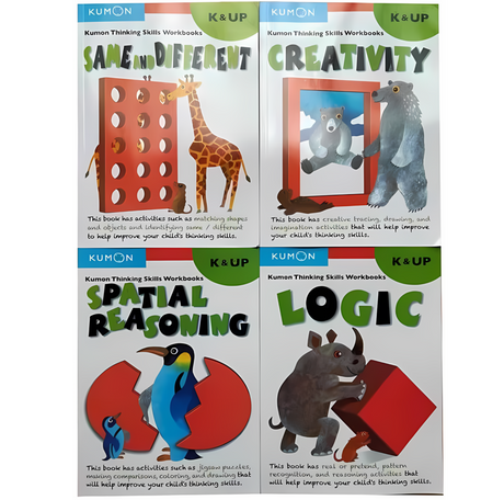 Kumon Thinking Skills Workbooks K & UP Exercises in English Kids Preschool Education Logic Creativity Same And Different (4 Books K and UP)