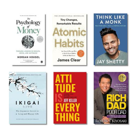 Collection of self-help books with authors' names on a white background