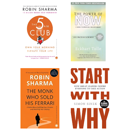 The 5 am Club + The Power Of Now + The Monk Who Sold His Ferrari + Start with Why Combo